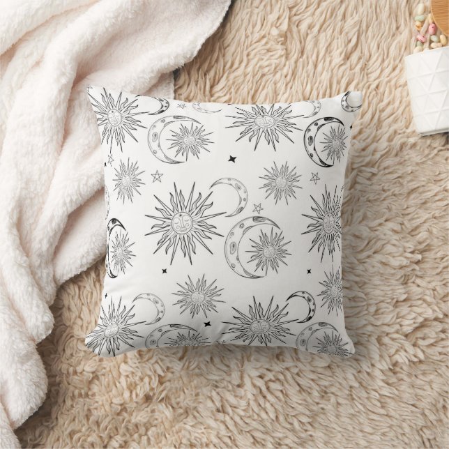Coussin Soleil Lune & Étoiles Fantaisistes Noir & Blanc (Couverture)