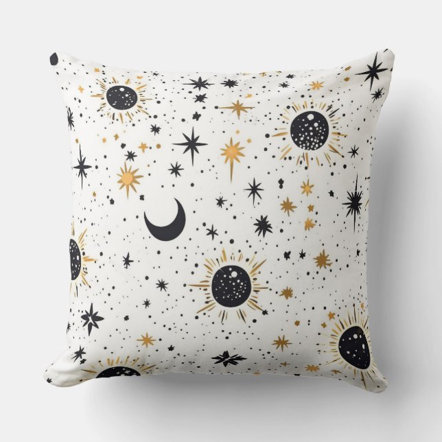 Coussin Soleil Lune Étoiles Noir et Or Céleste (Recto)