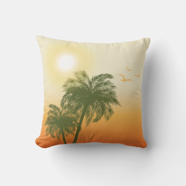 Coussin Soleil orange et palmiers verts Été tropical (Recto)