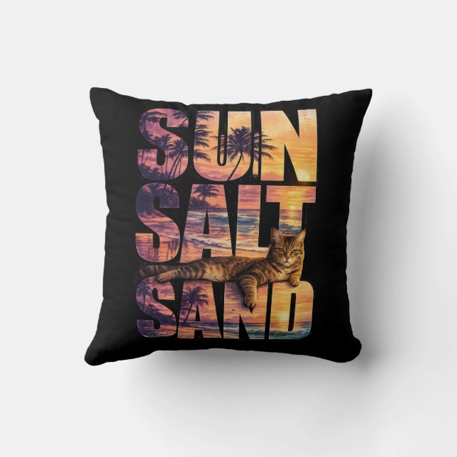 Coussin Soleil Sel Sable Plage Chat Coucher de soleil Noir (Verso)