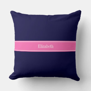 Coussin Solid Navy Blue Hot Pink #2 Ribbon Nom Monogram