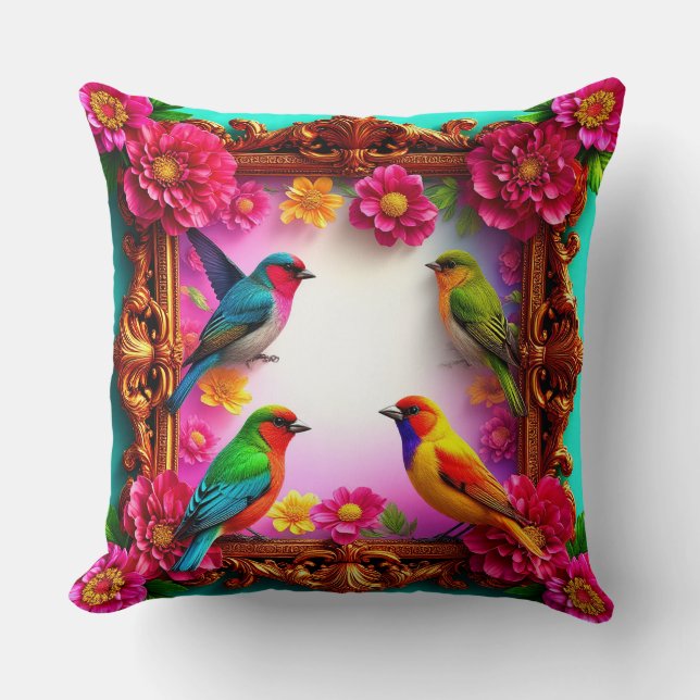 Coussin Songbirds vibrants entourés d'un cadre floral (Recto)