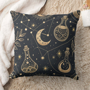 Coussin Sorcelerie céleste - Lune d'or, flacons de potion