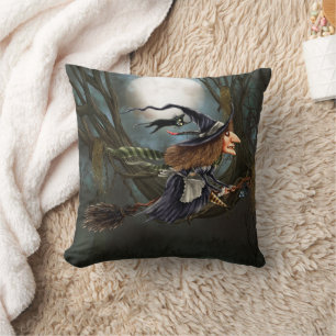 Coussin Sorcière amusante volant sur Broomstick Halloween