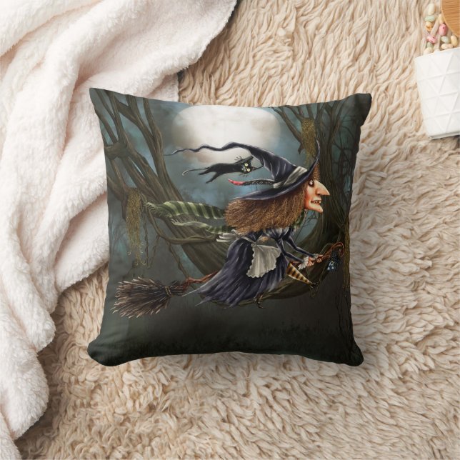 Coussin Sorcière amusante volant sur Broomstick Halloween (Couverture)