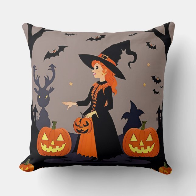 Coussin Sorcière avec citrouilles, chauves-souris et décor (Recto)
