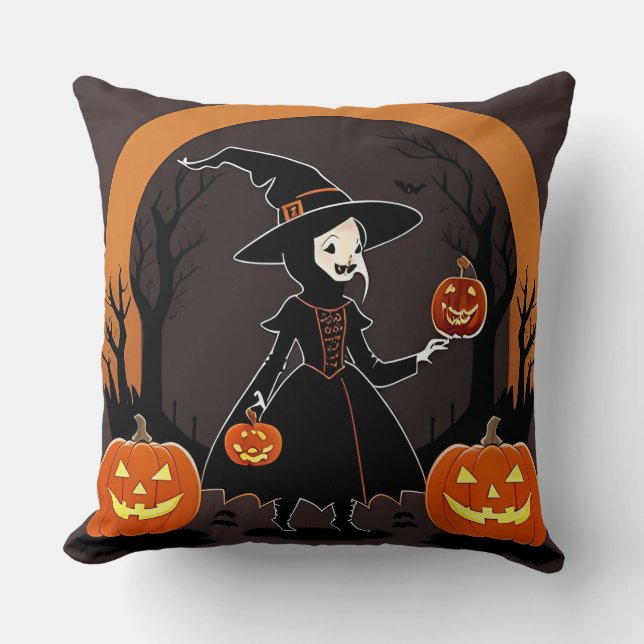 Coussin Sorcière avec citrouilles, chauves-souris et décor (Recto)