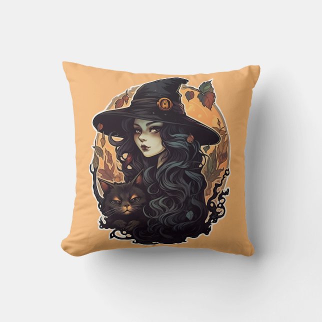Coussin Sorcière avec le chat noir halloween (Recto)