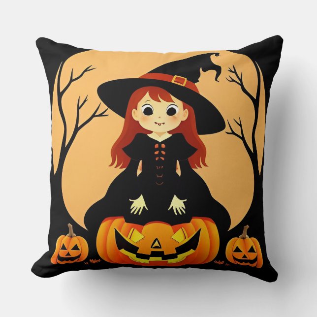 Coussin Sorcière dans un décor d'Halloween avec des citrou (Recto)