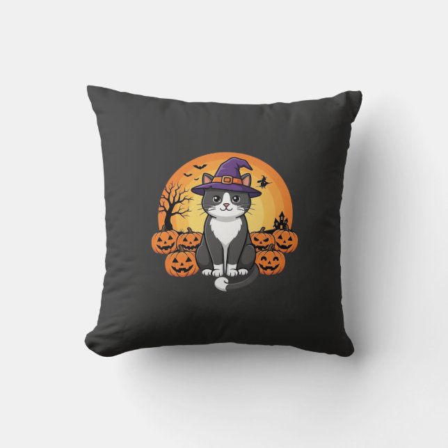 Coussin Sorcière de Halloween Chat Citrouille Lune Dessin_ (Recto)