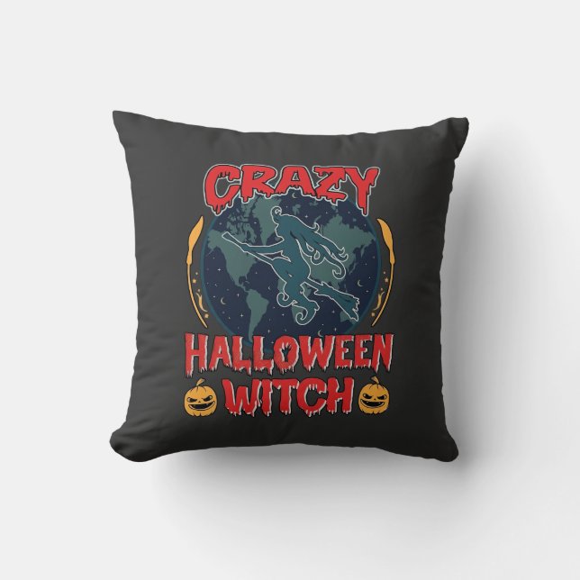 Coussin Sorcière de Halloween fou Citrouille Volant Lune N (Recto)