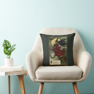 Coussin Sorcière de Halloween vintage chevauchant un balai
