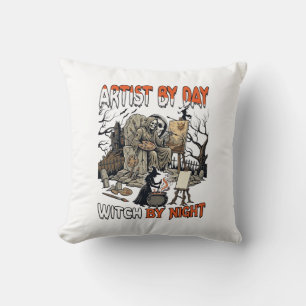 Coussin Sorcière de jour d'artiste Nuit d'Halloween Peintr