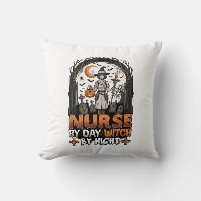 Coussin Sorcière de jour infirmière Nuit d'Halloween Cimet (Recto)