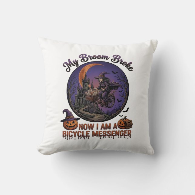 Coussin Sorcière de messager de vélo cassé balai Halloween (Recto)
