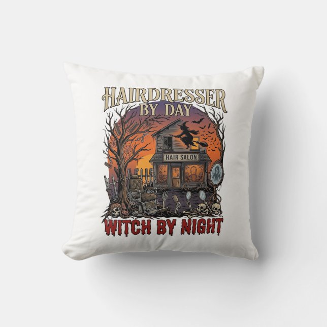 Coussin Sorcière de Nuit de Coiffeur Halloween Salon Crâne (Recto)
