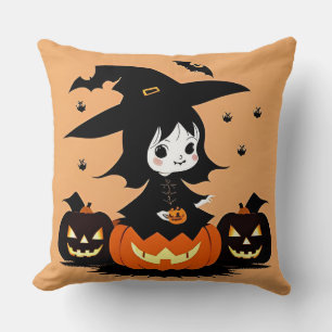 Coussin Sorcière d'Halloween avec citrouilles