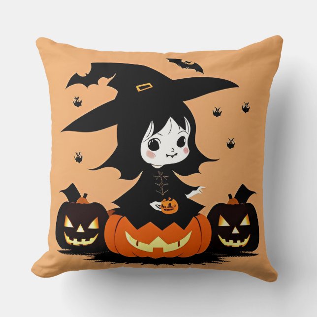 Coussin Sorcière d'Halloween avec citrouilles (Recto)