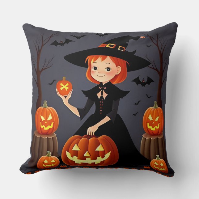 Coussin Sorcière d'Halloween avec citrouilles (Recto)