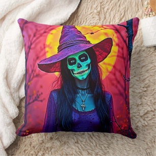 Coussin Sorcière d'Halloween avec conception de visage crâ
