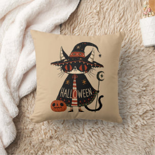 Coussin Sorcière d'Halloween Chat et Citrouille