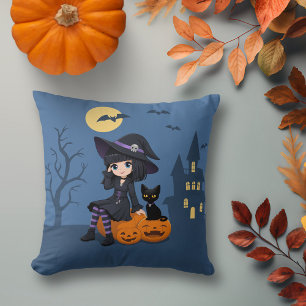 Coussin Sorcière d'Halloween, chat noir et citrouilles inc