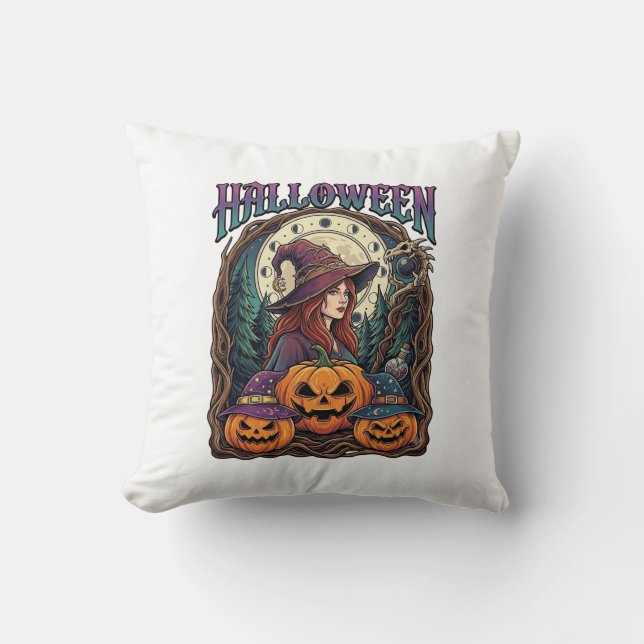 Coussin Sorcière d'Halloween Citrouilles Phases de la Lune (Recto)