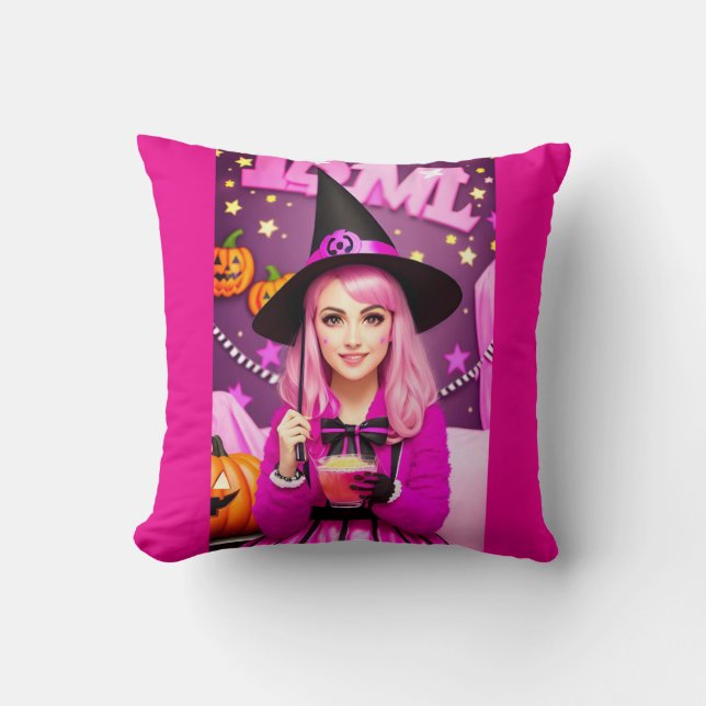 Coussin Sorcière d'Halloween rose (Recto)