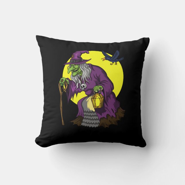 Coussin Sorcière effrayante Éffrayant Corbeau Halloween (Recto)