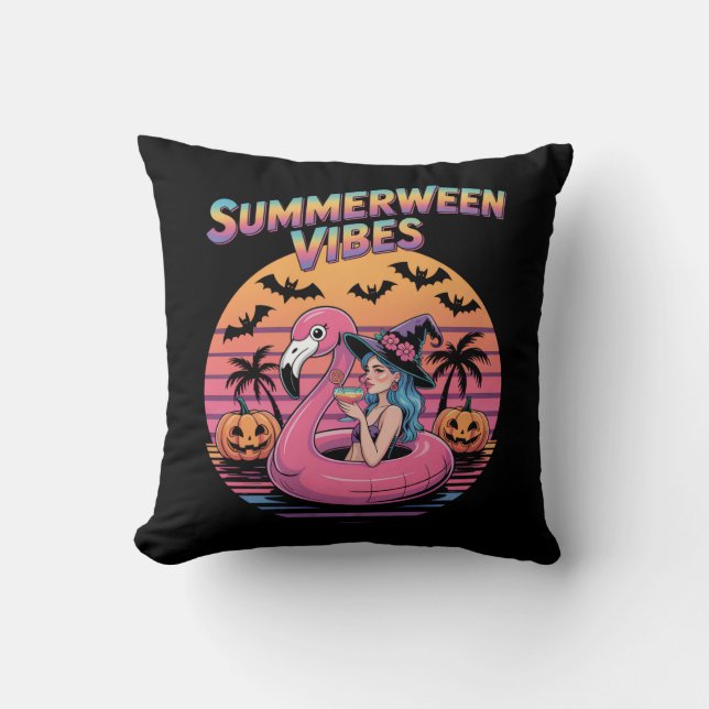 Coussin Sorcière Flamant Rose Vibes Summerween (Recto)