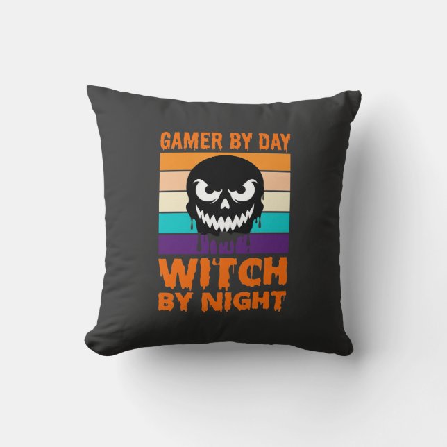 Coussin Sorcière Joueuse Halloween Crâne Rétro (Recto)
