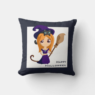 Coussin Sorcière mignonne en Casquette violet Halloween