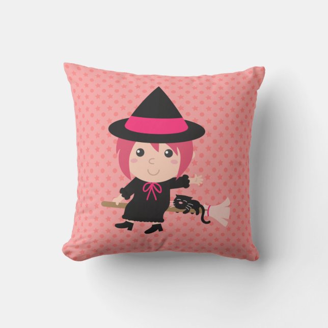 Coussin Sorcière mignonne et chat noir sur balai volant (Recto)