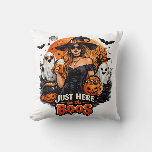 Coussin Sorcière Moderne Juste Ici pour les Boos Halloween (Recto)