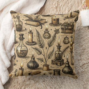 Coussin Sorcière Sépia Alchimie Livres Potion Vintage