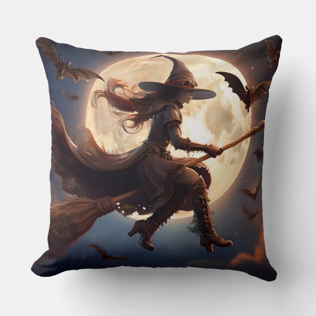 Coussin Sorcière Steampunk Halloween Vol au Clair de Lune (Recto)