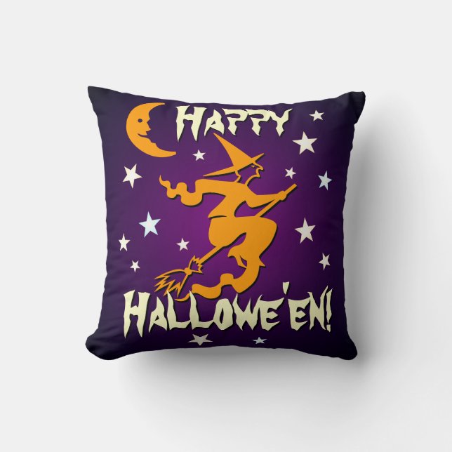 Coussin Sorcière sur le chat avant sur le pourpre heureux (Recto)