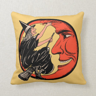 Coussin Sorcière vintage de Halloween sur son balai