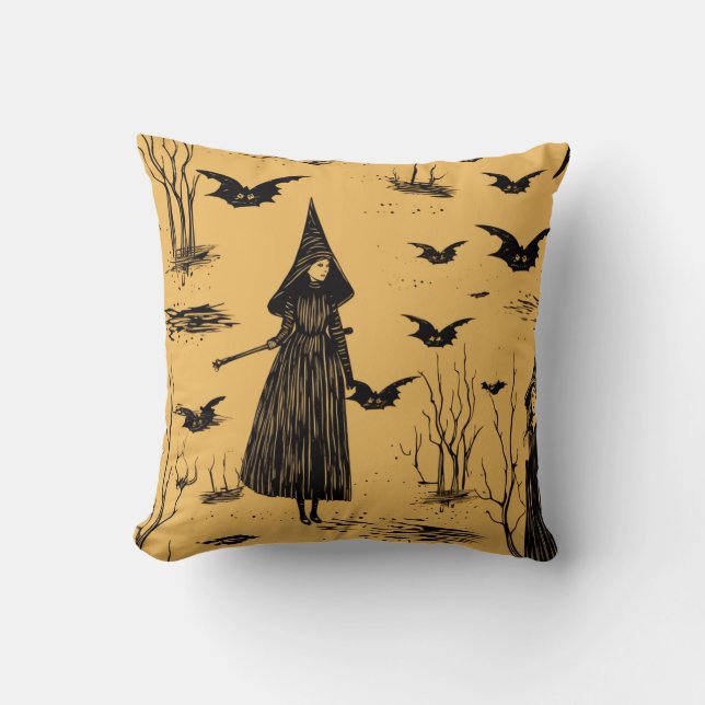 Coussin Sorcière Vintage sans couture Motif Halloween| (Recto)