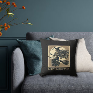 Coussin Sorcière Vintage sur Balai Pleine Lune & Chauves-s