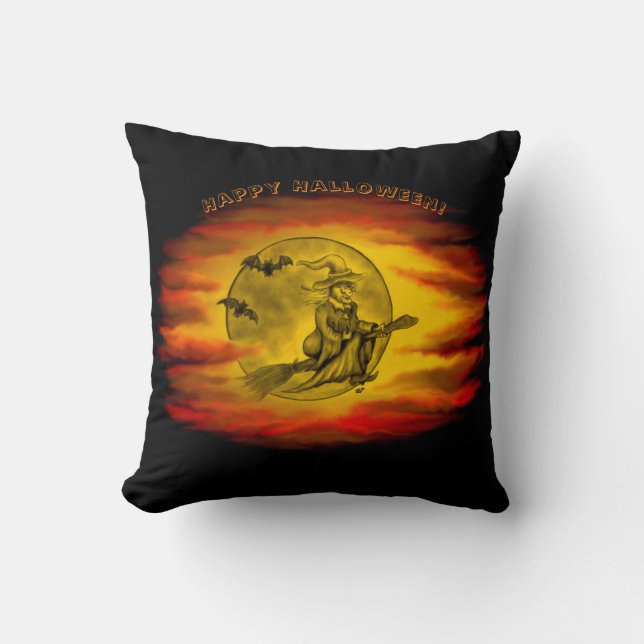 Coussin Sorcière volante avec chat noir, nuit halloween (Recto)