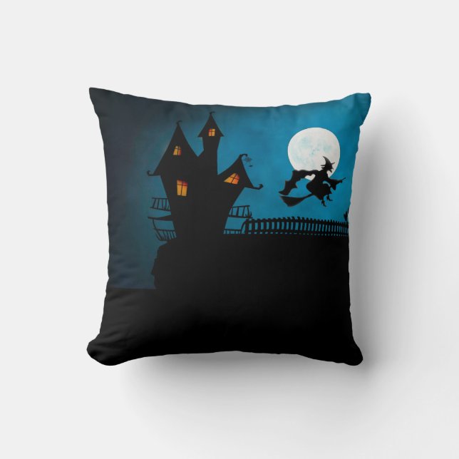 Coussin Sorcière volante éffrayante : Gras noir et bleu (Recto)