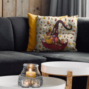 Coussin Sorcières d'aquarelle Casquette et feuilles d'auto