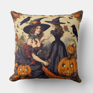 Coussin Sorcières vintages d'Halloween et Jack-O'-Lantern