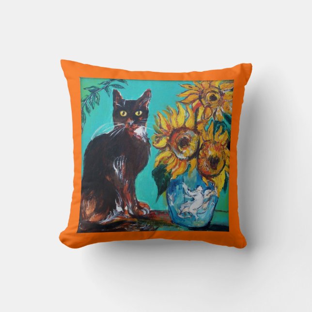 COUSSIN SOUCHES AVEC CHAT NOIR EN TURQUOISE BLEUE (Recto)