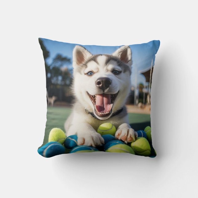 Coussin 🐶 Souriant Husky Chiot 🎾 avec balles de tennis (Recto)