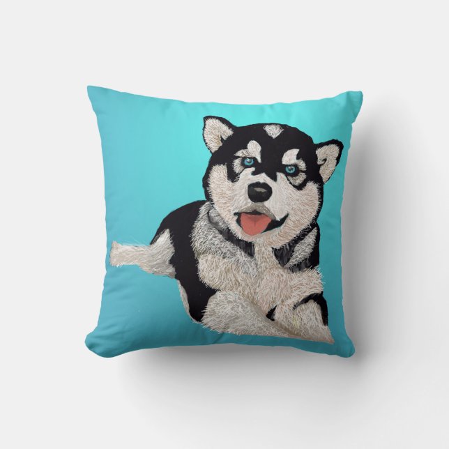 Coussin Souriant Putain Husky Puppy contre Belle Aqua (Recto)