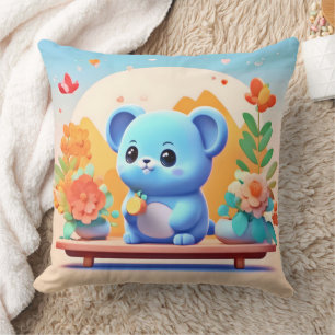 Coussin Souris bleu mignonne avec fleurs