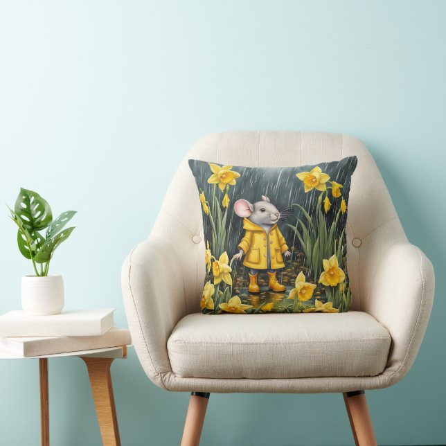 Coussin Souris dans un jardin de jonquilles pluvieuses (Chaise)
