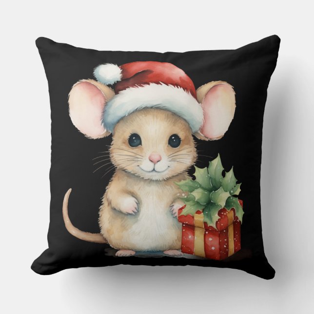 Coussin Souris de Noël à l'aquarelle (Recto)